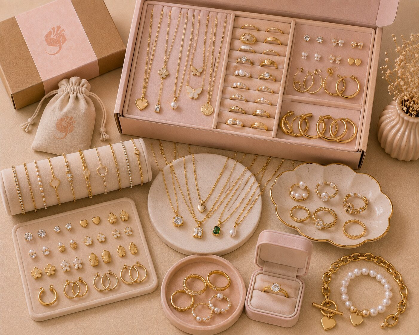 Gold jewelry collection with necklaces, bracelets, rings and earrings for a jewelry business