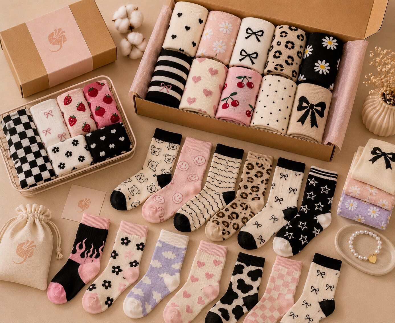 Colorful printed socks with playful patterns and designs for a fashion accessories business