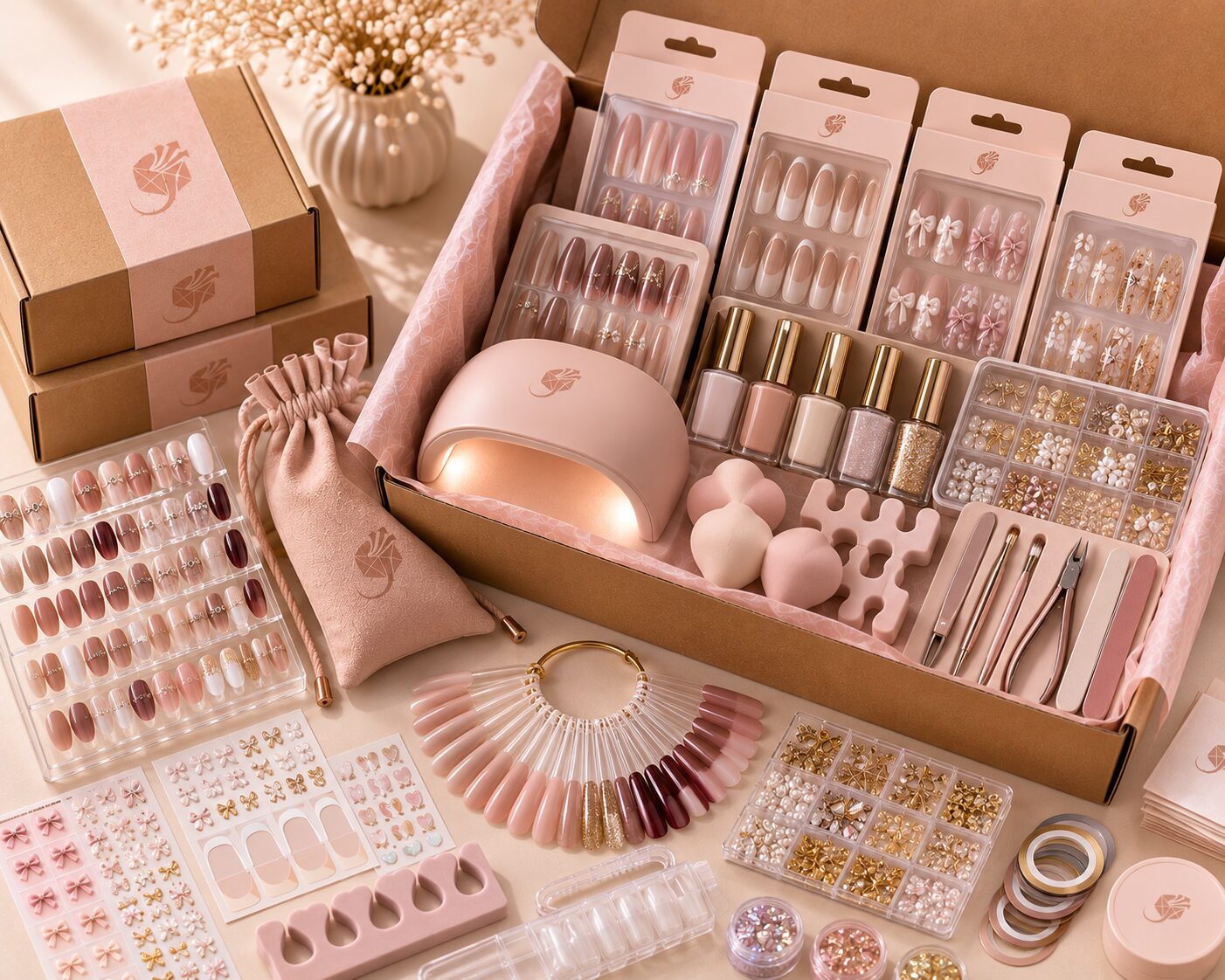 Press-on nails and nail accessories arranged as a ready-to-sell product collection