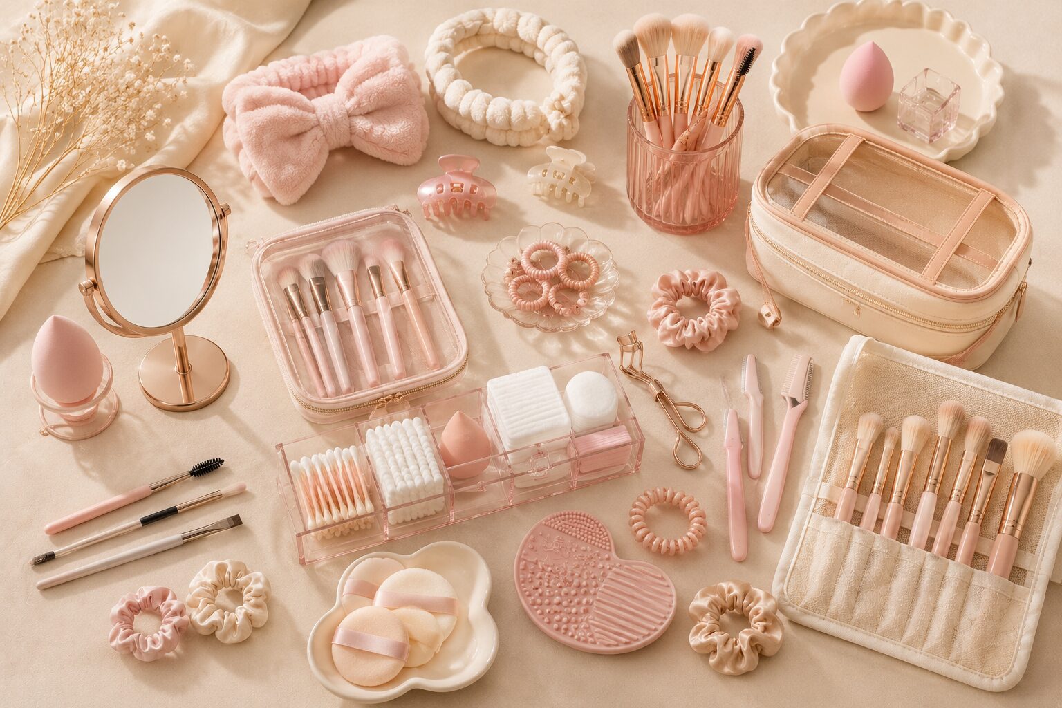 Beauty accessories including makeup brushes, beauty sponges, cosmetic organizers, mirrors, grooming tools and makeup bags