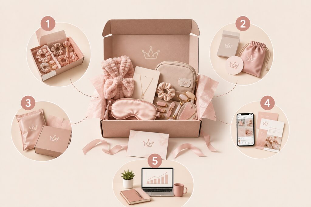 Boxtunity business box with curated products, custom branding, packaging, marketing materials and tools to start and grow a business