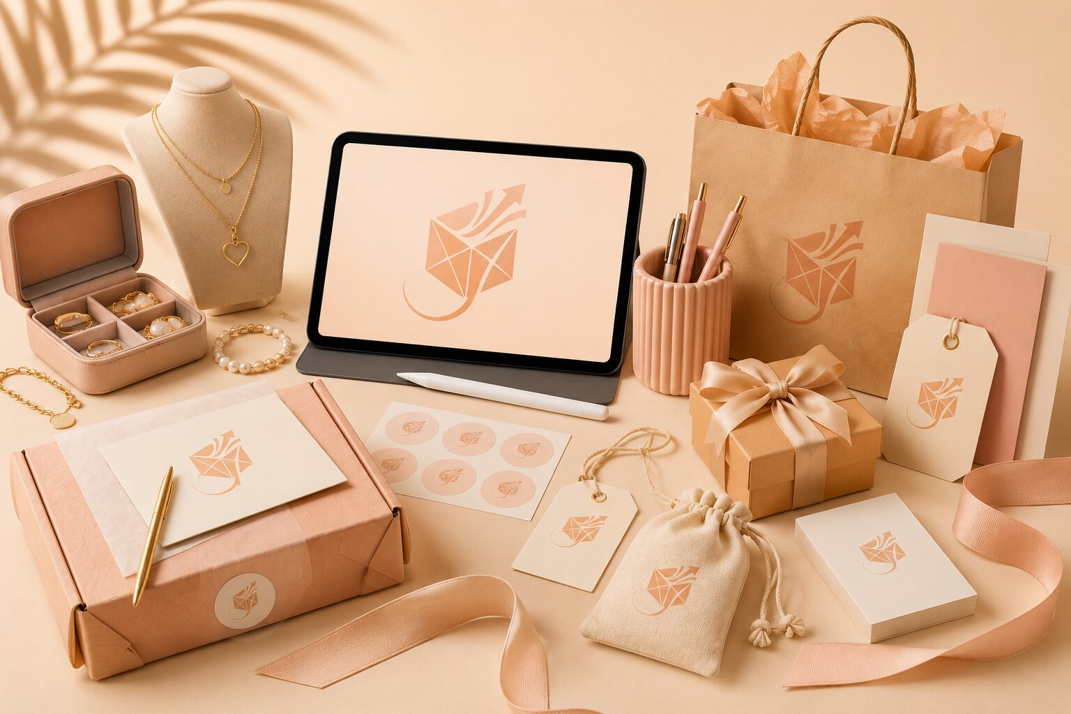 Custom branding materials including logo packaging, stickers, product tags, cards and branded bags