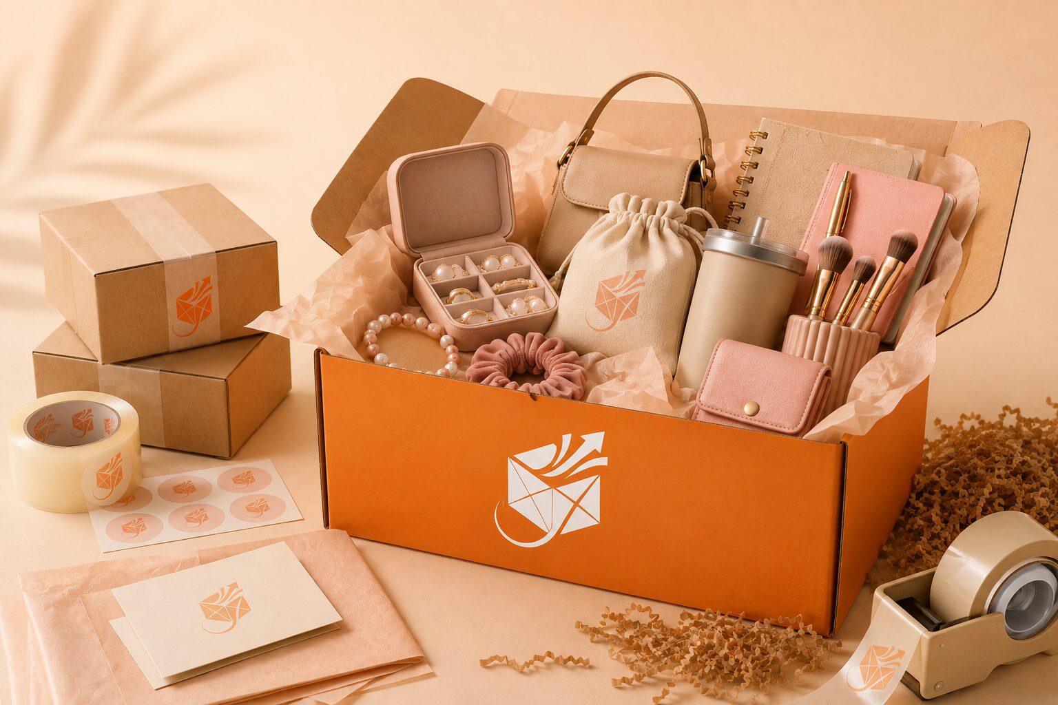 Boxtunity business box packed with curated products, branded packaging and materials ready to launch