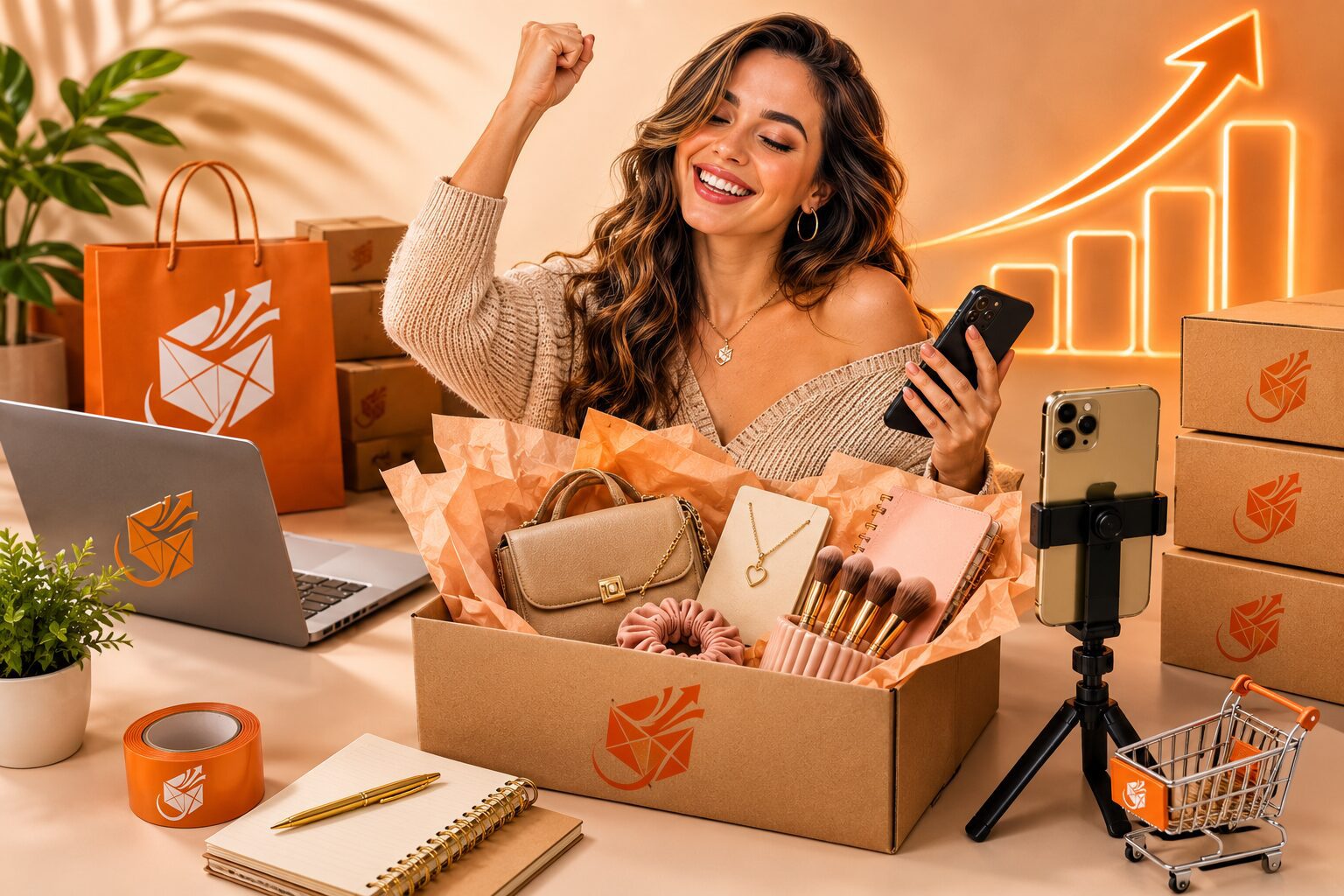 Entrepreneur selling products online with packaging, inventory and ecommerce tools to grow her business