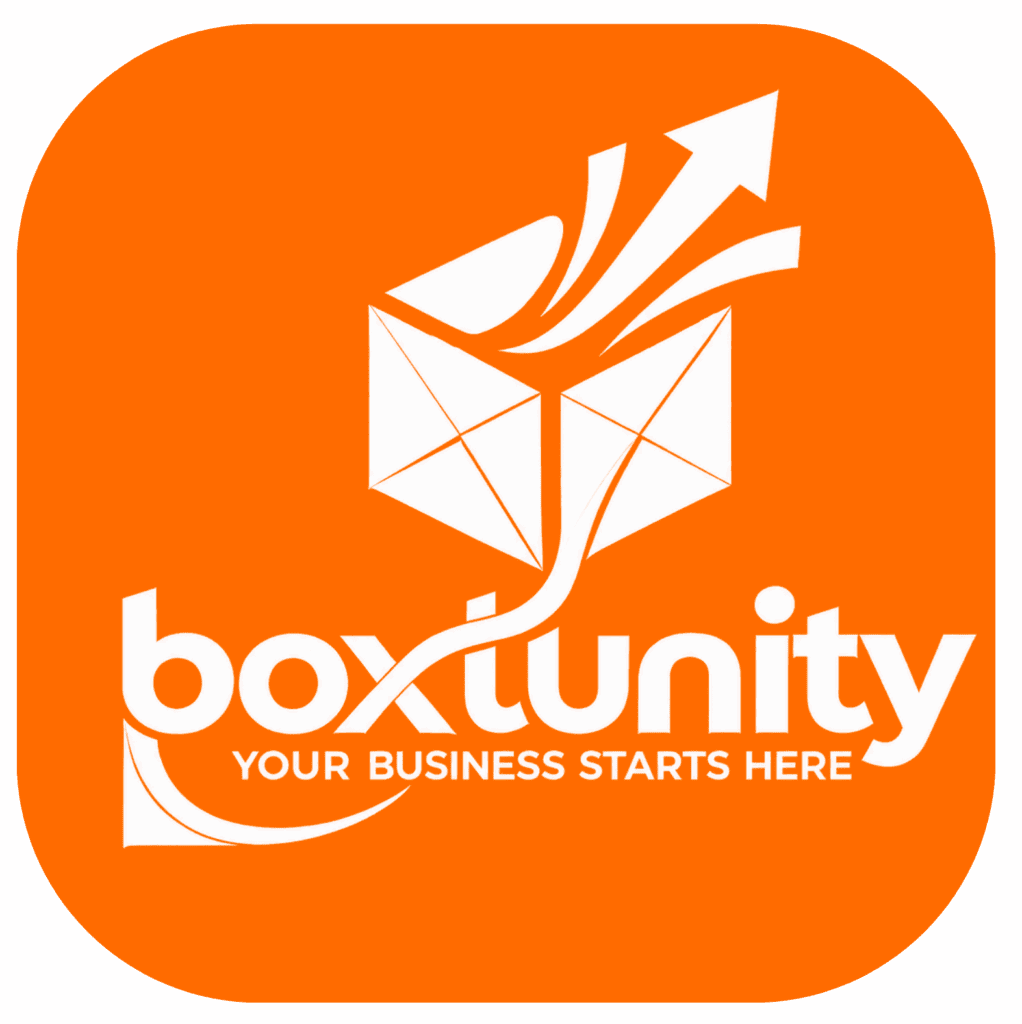 Boxtunity logo in a red square with rounded corners and the name inside in white. Its a box with arrows coming out of the box and the name of the company underneath with the phrase that says your business starts here.