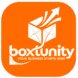 Boxtunity logo in a red square with rounded corners and the name inside in white. Its a box with arrows coming out of the box and the name of the company underneath with the phrase that says your business starts here.