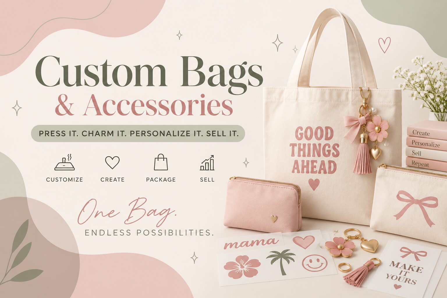 Custom Bags & Accessories starter-business graphic featuring personalized canvas tote bags, cosmetic pouches, heat-transfer designs, bag charms, tassels, and packaging elements in soft blush, cream, sage, and gold tones.